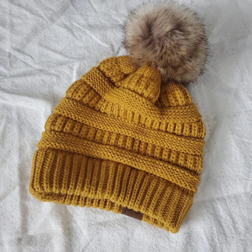 C.c.‎ Boutique Mustard Beanie With Faux Fur